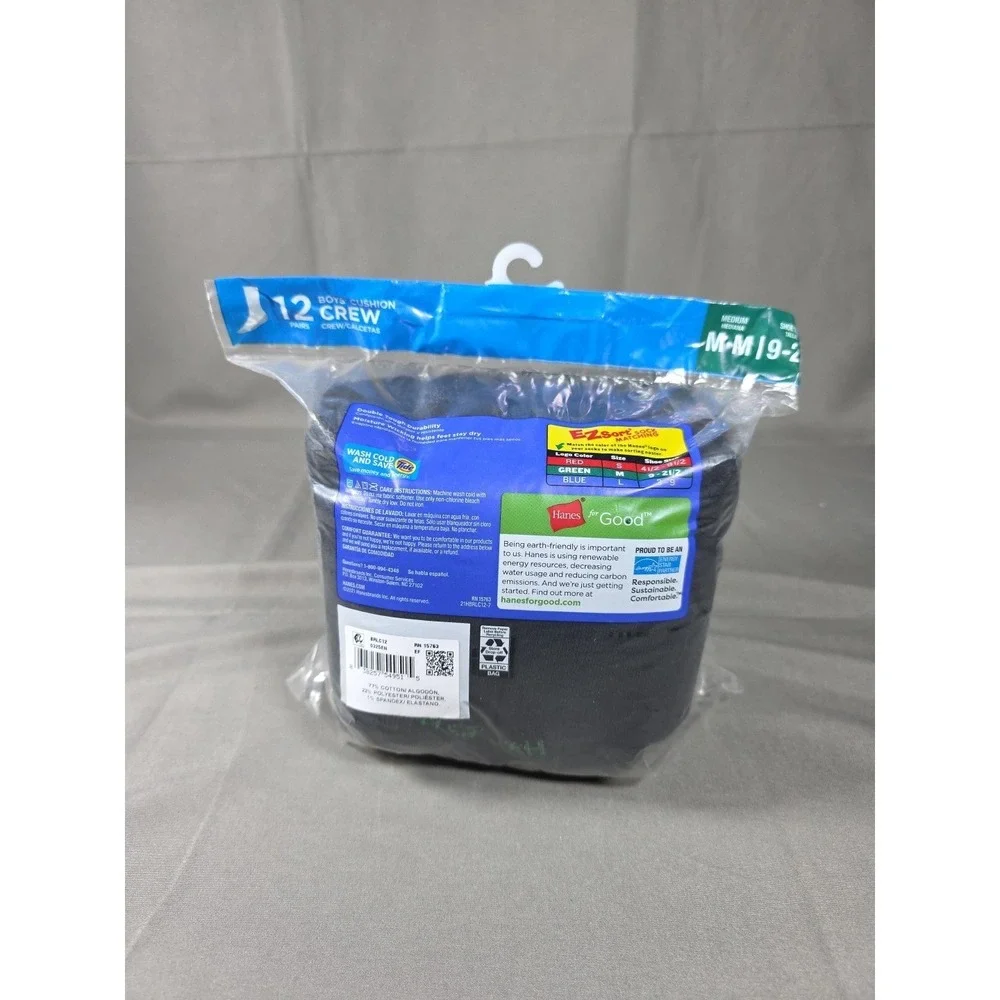 Hanes‎ Boys Double Tough Cushioned Crew Socks (12 Pairs)  BOYS  9-2 1/2 Medium